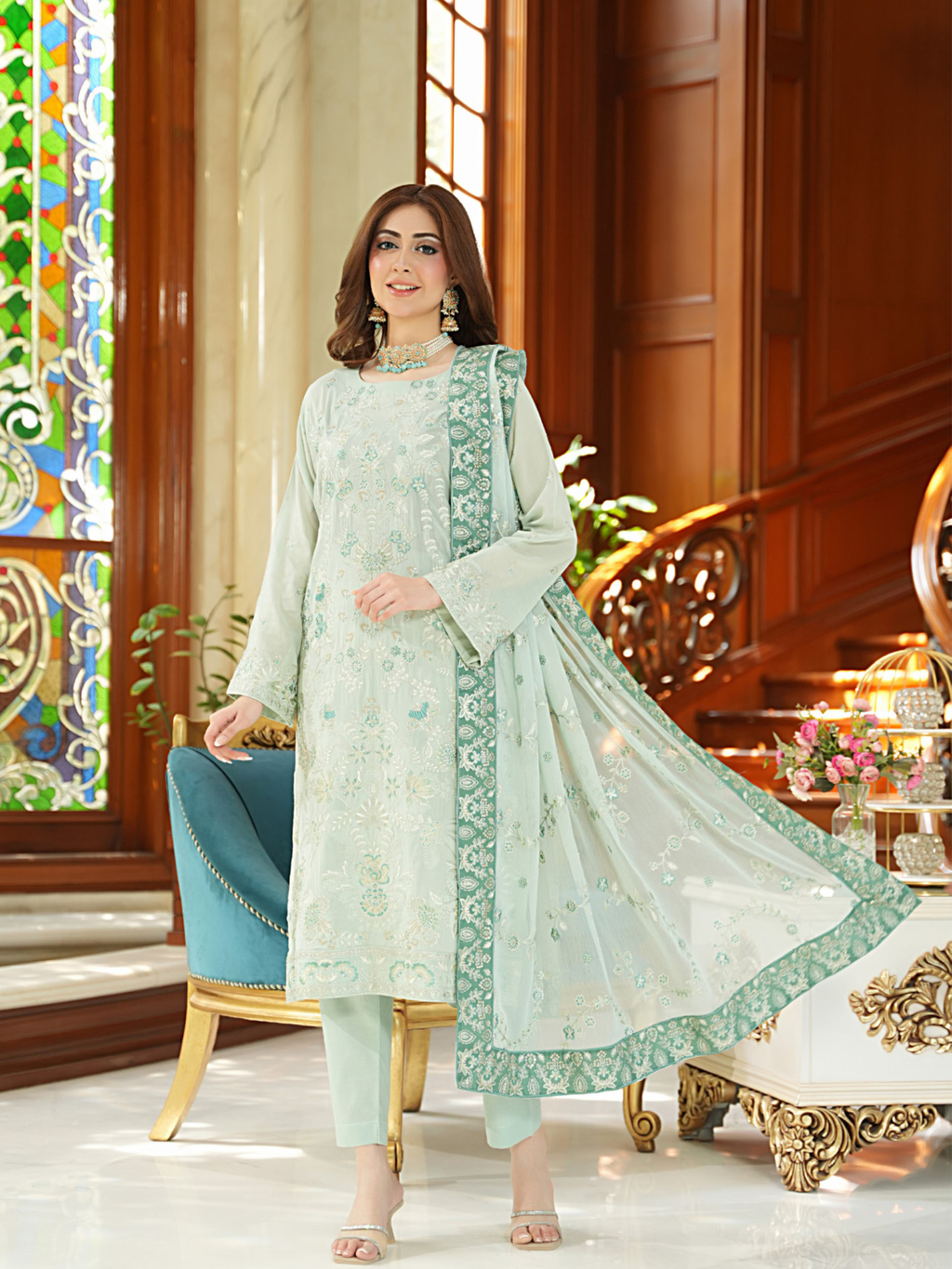 WIJDAN Exclusive Swiss Gold Embroidered Lawn Suit - Mint Green