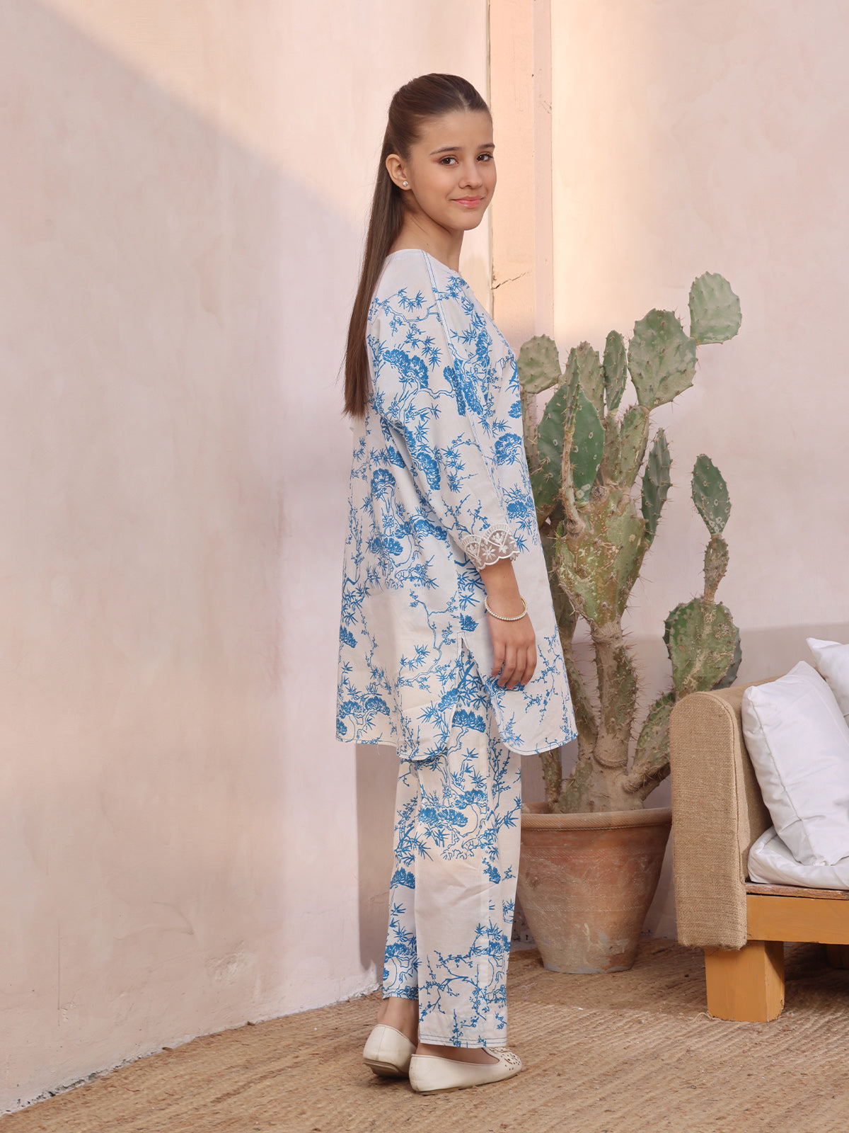 2Pc Embroidered Pret Shirt & Trouser Cambric White & Blue - OGE2P-2412059