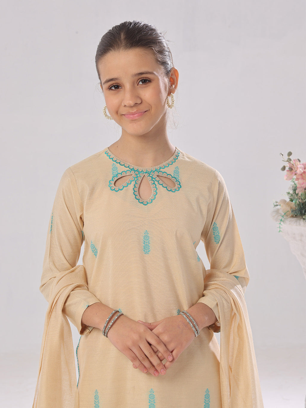 3Pc Embroidered Pret Suit Cotton Silk Beige - OGE3P-2410018