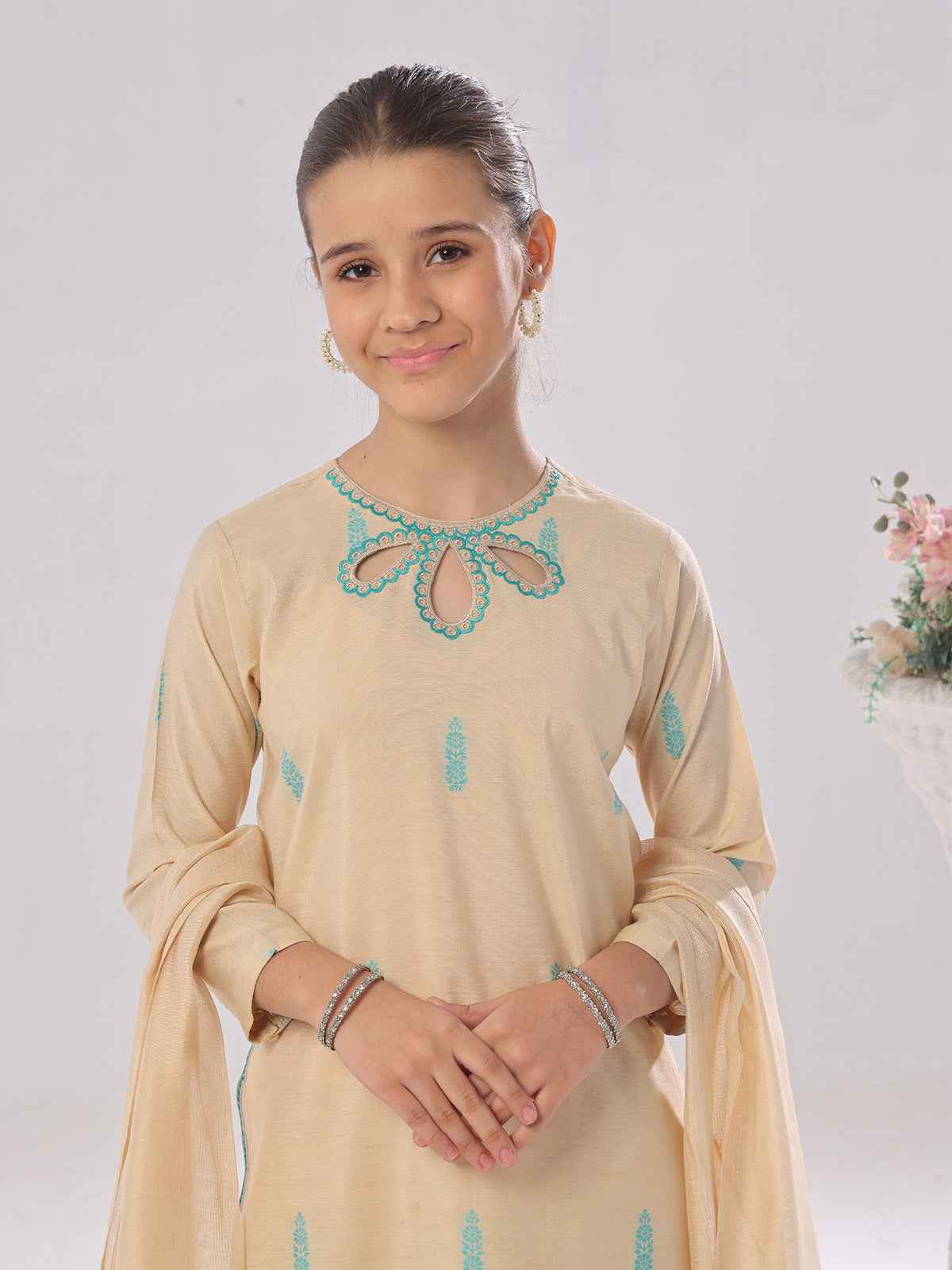 3Pc Embroidered Pret Suit Cotton Silk Beige - OGE3P-2410018