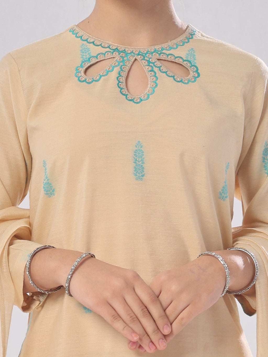 3Pc Embroidered Pret Suit Cotton Silk Beige - OGE3P-2410018