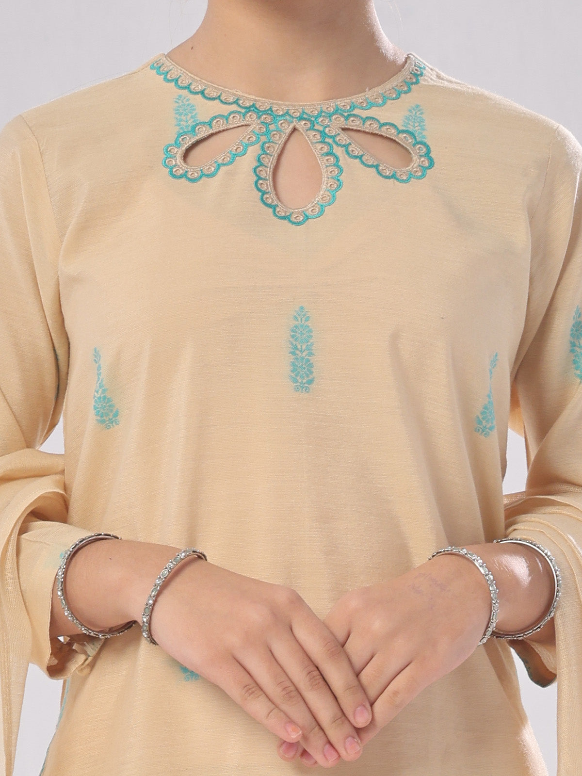 3Pc Embroidered Pret Suit Cotton Silk Beige - OGE3P-2410018