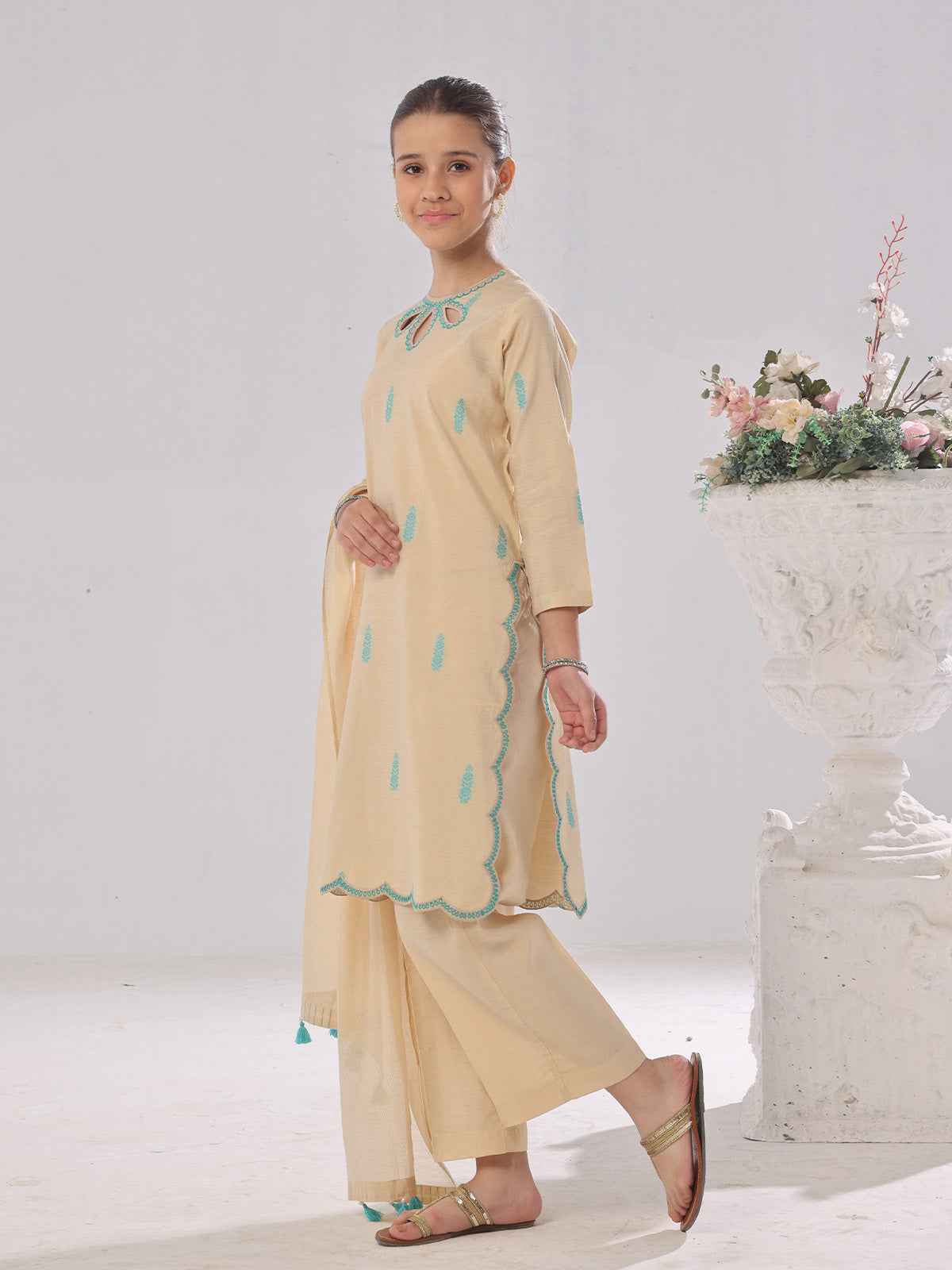 3Pc Embroidered Pret Suit Cotton Silk Beige - OGE3P-2410018