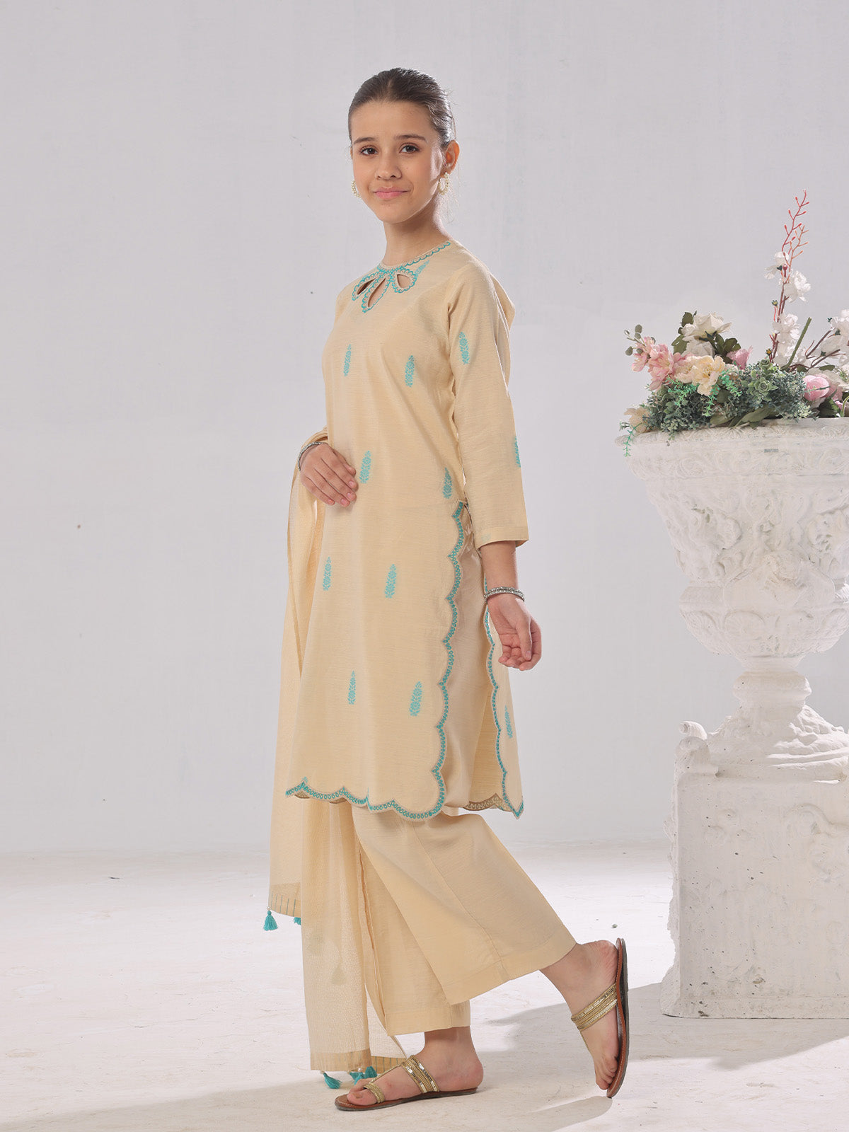 3Pc Embroidered Pret Suit Cotton Silk Beige - OGE3P-2410018
