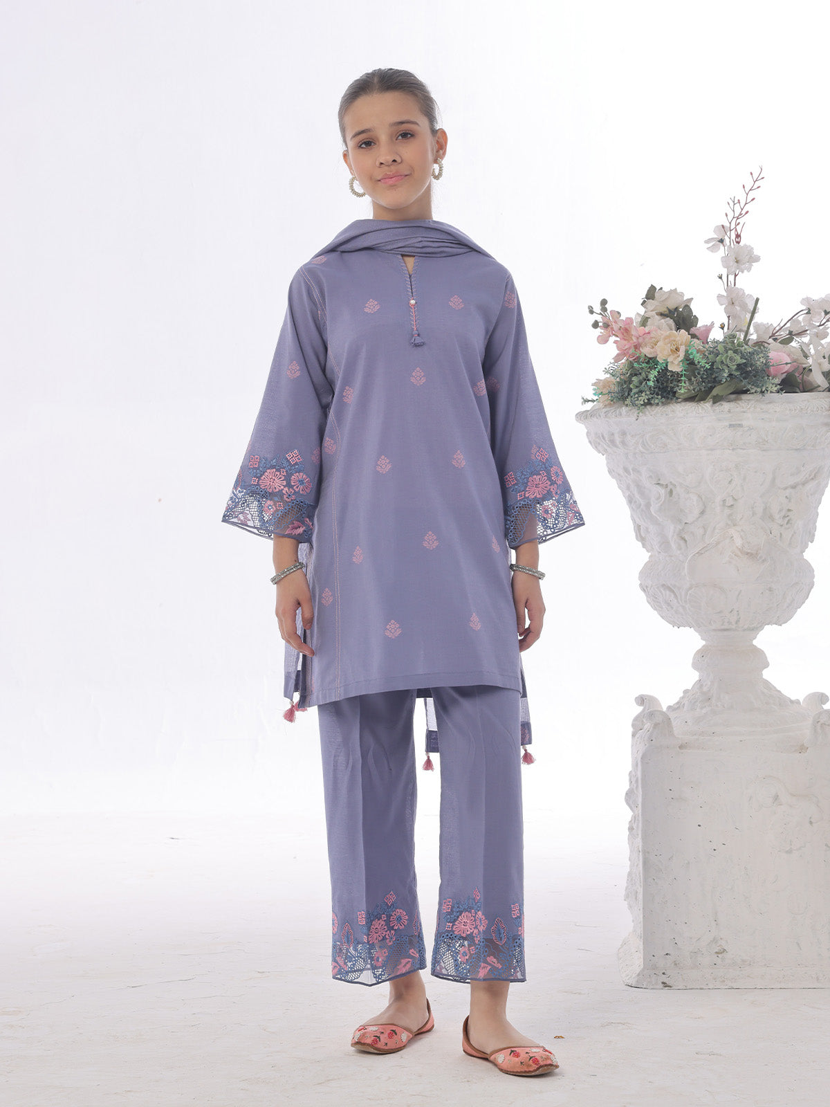 2Pc Embroidered Pret Shirt Trouser Cotton Silk Blue - OGE2P-2410020