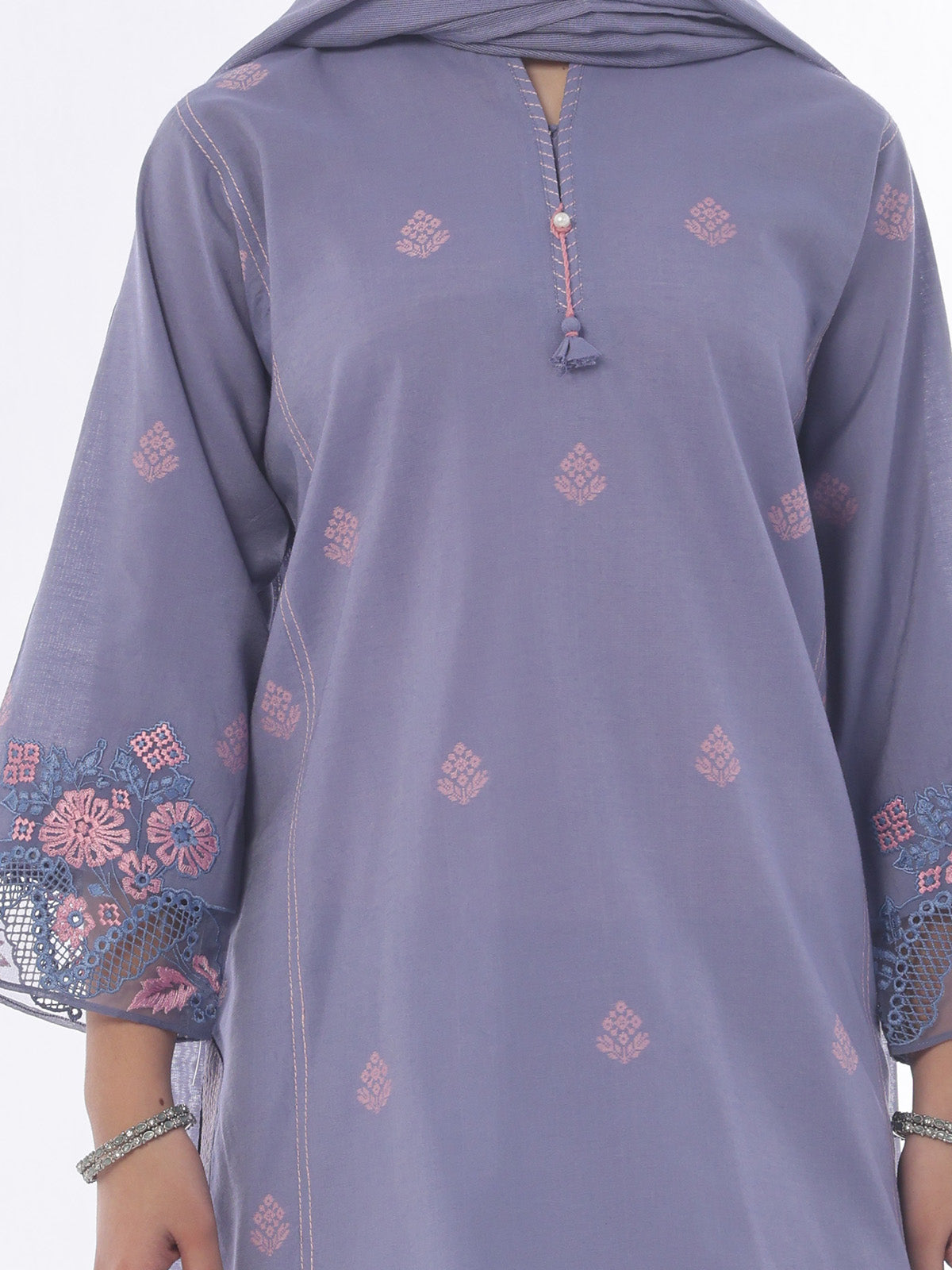2Pc Embroidered Pret Shirt Trouser Cotton Silk Blue - OGE2P-2410020