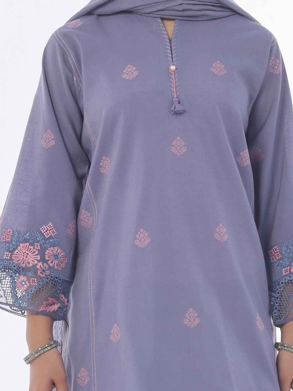 3Pc Embroidered Pret Suit Cotton Silk Blue - OGE3P-2410020