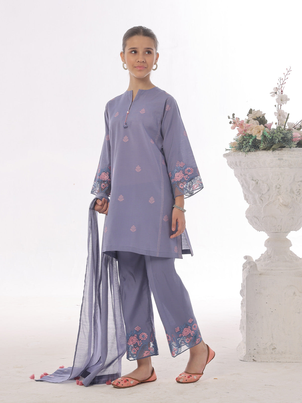 2Pc Embroidered Pret Shirt Trouser Cotton Silk Blue - OGE2P-2410020