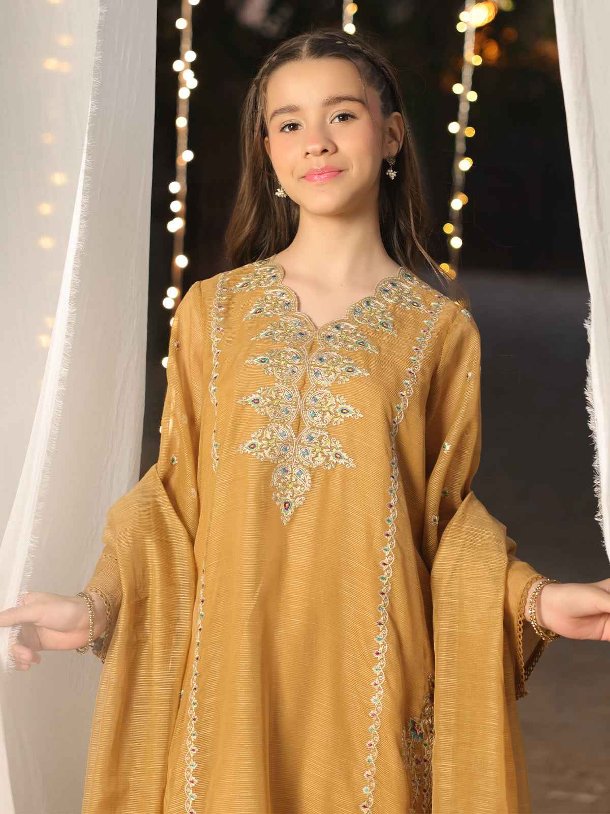 3Pc Embroidered Pret Suit Net Slub Polly Light Brown - OGE3P-2410021