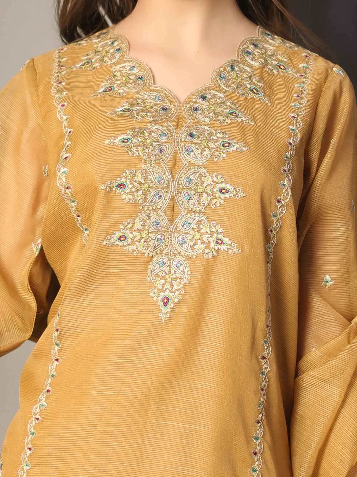 3Pc Embroidered Pret Suit Net Slub Polly Light Brown - OGE3P-2410021