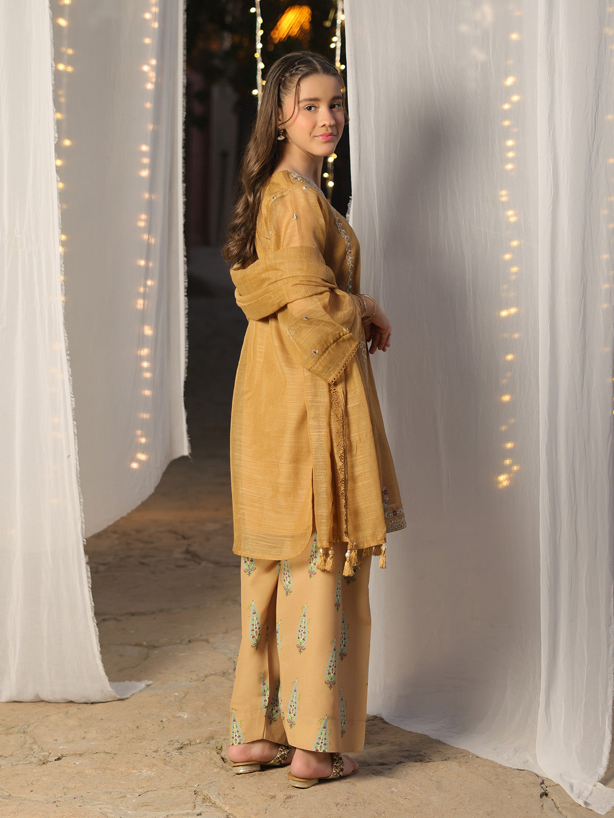 3Pc Embroidered Pret Suit Net Slub Polly Light Brown - OGE3P-2410021