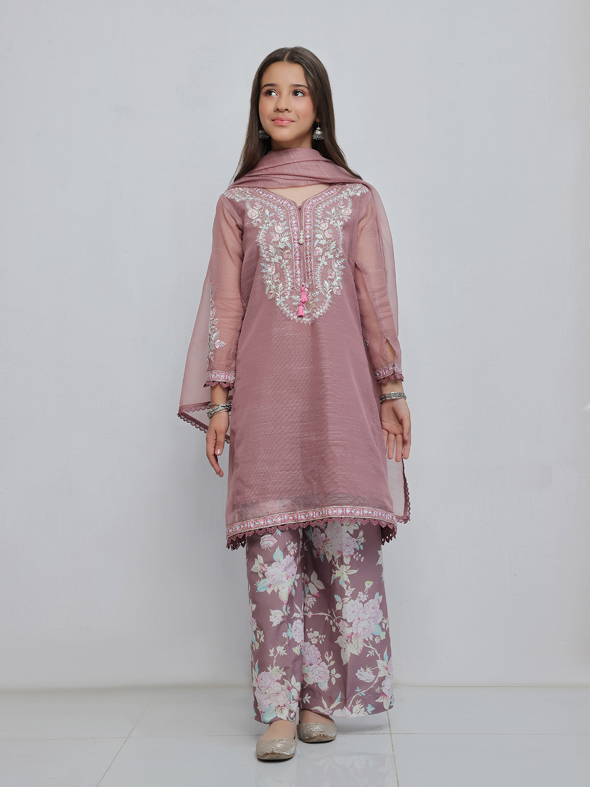 3Pc Embroidered Pret Suit Net Slub Polly Light Lilac - OGE3P-2410023