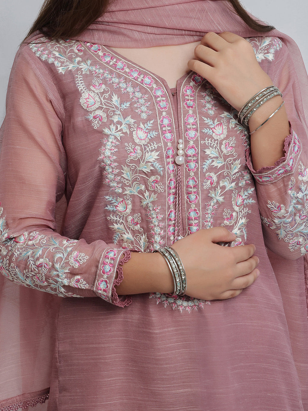 3Pc Embroidered Pret Suit Net Slub Polly Light Lilac - OGE3P-2410023