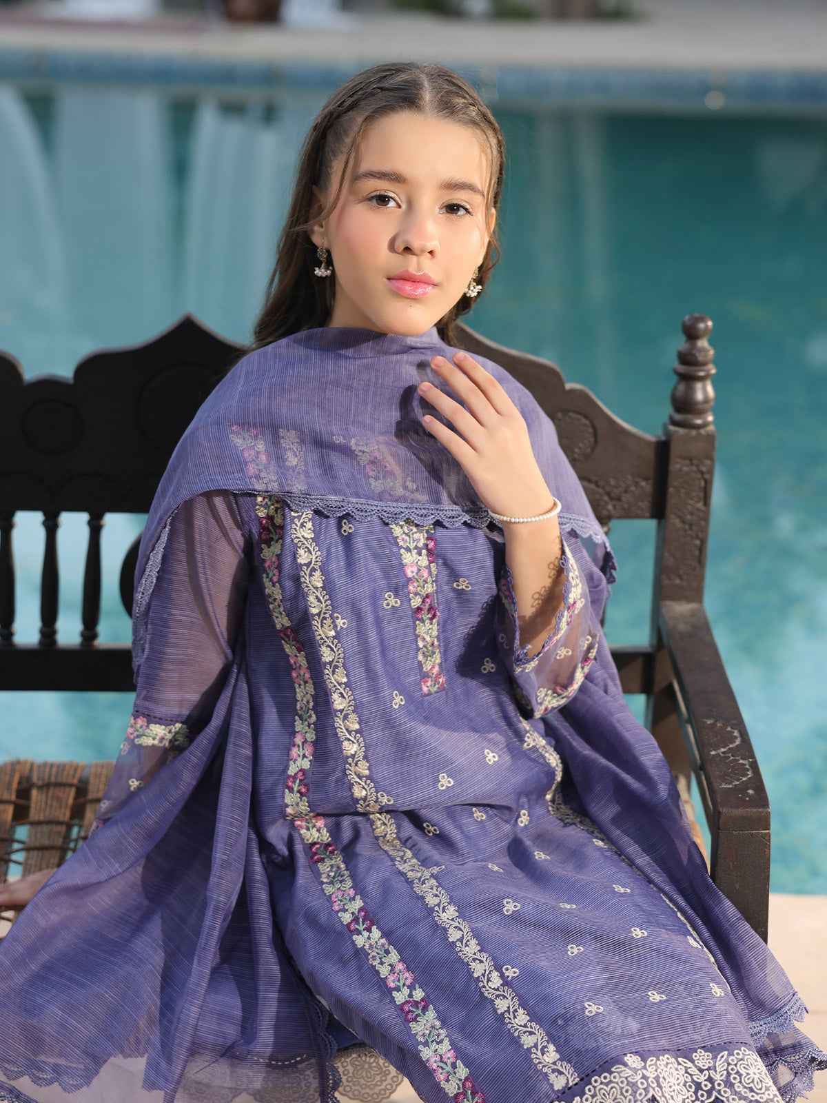 3Pc Embroidered Pret Suit Net Slub Polly Navy Blue - OGE3P-2410024