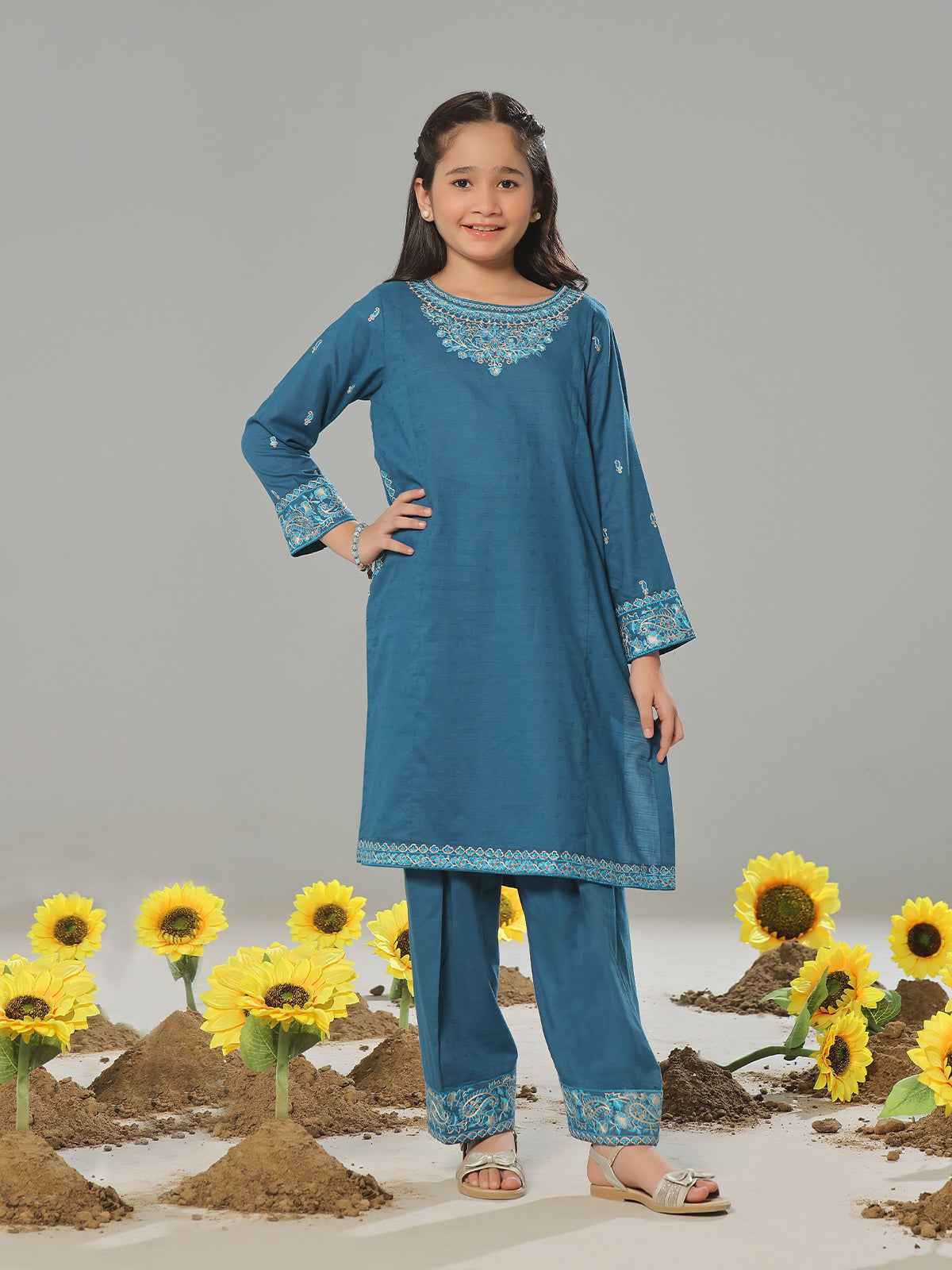 2Pc Embroidered Pret Shirt Trouser Dobby Blue - OGE2P-2405011