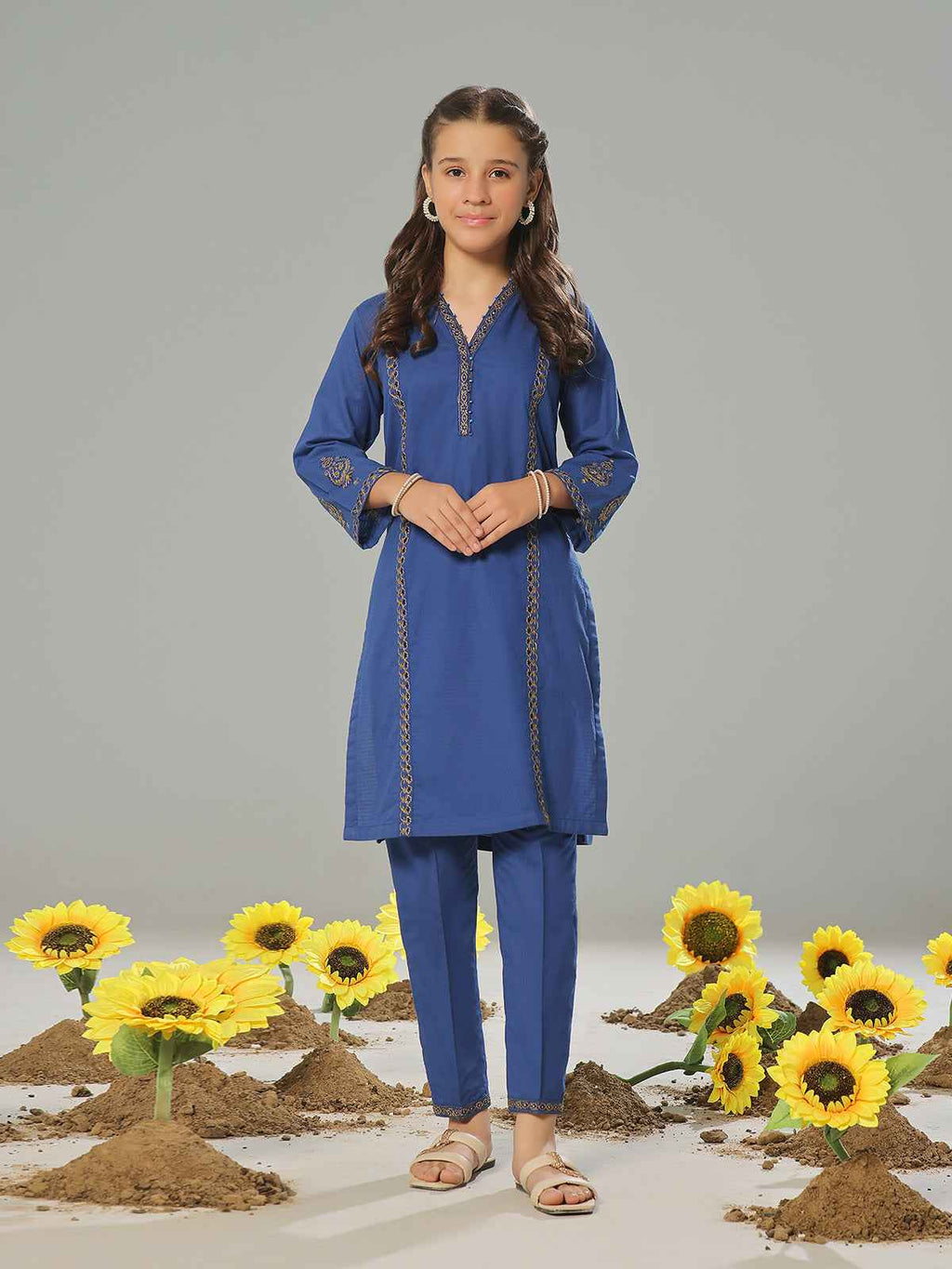 2Pc Embroidered Pret Shirt Trouser Dobby Blue - OGE2P-2405012