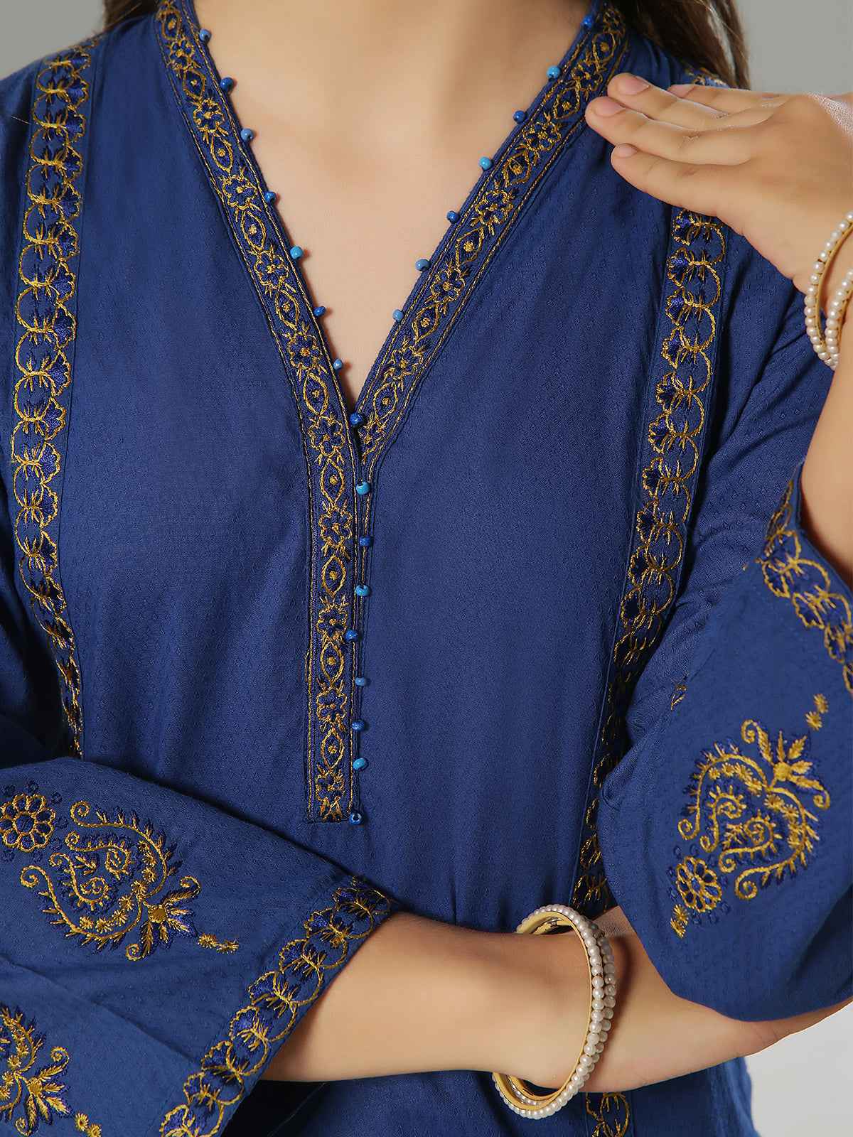 2Pc Embroidered Pret Shirt Trouser Dobby Blue - OGE2P-2405012