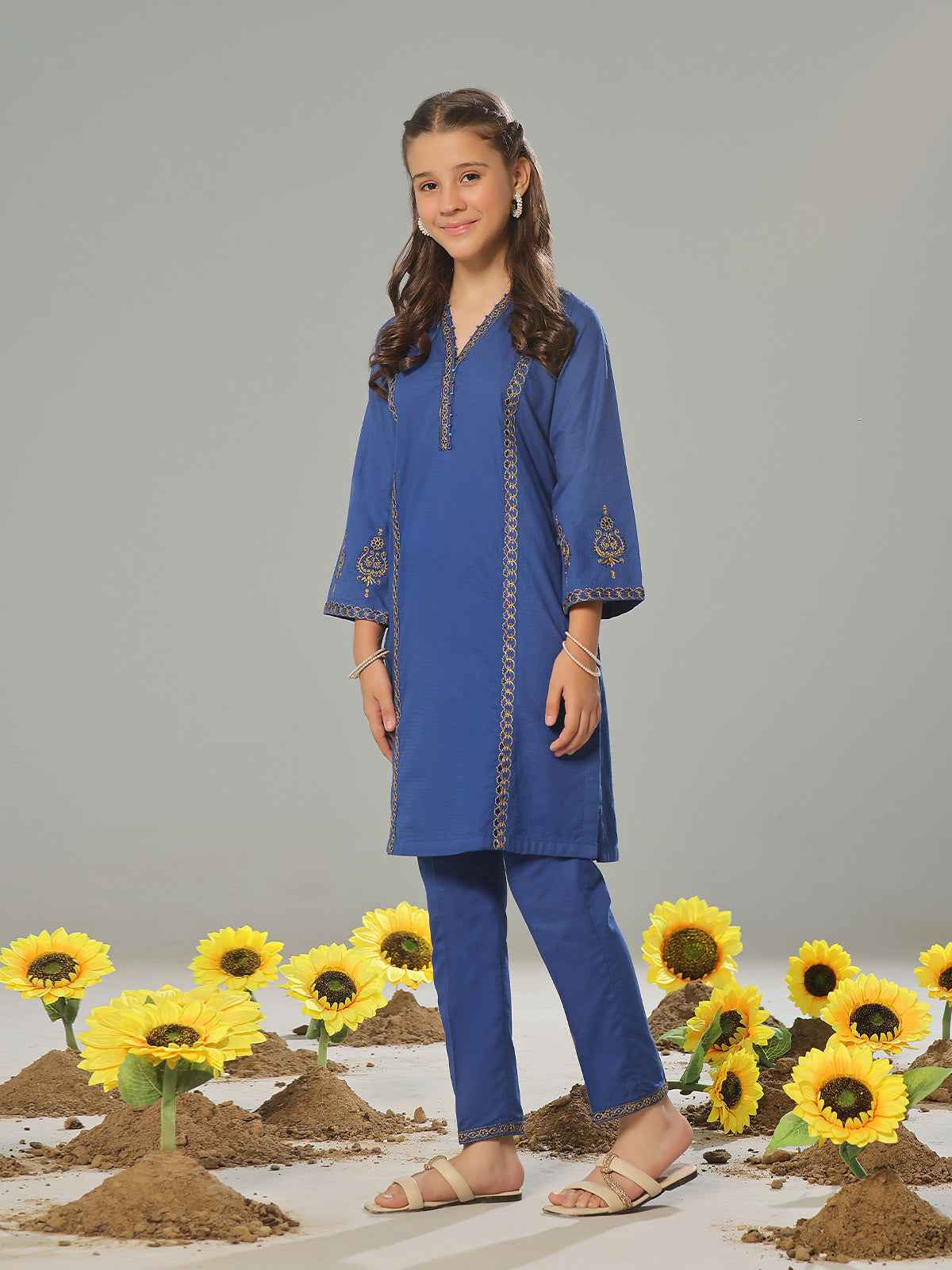 2Pc Embroidered Pret Shirt Trouser Dobby Blue - OGE2P-2405012