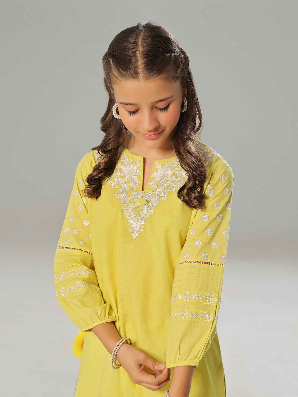 2Pc Embroidered Pret Shirt Trouser Dobby Yellow - OGE2P-2405016