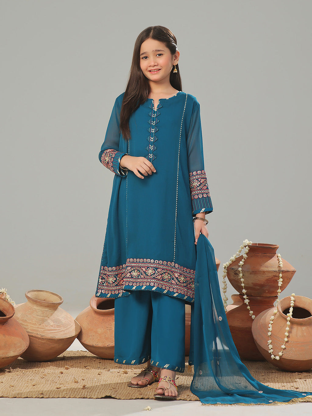 3Pc Embroidered Suit Pret Dyed Chiffon Teal - OGE3P-2408026