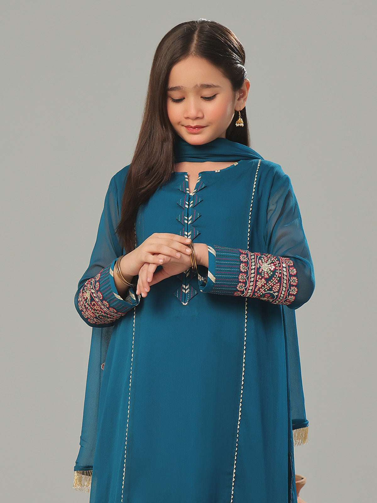 3Pc Embroidered Suit Pret Dyed Chiffon Teal - OGE3P-2408026