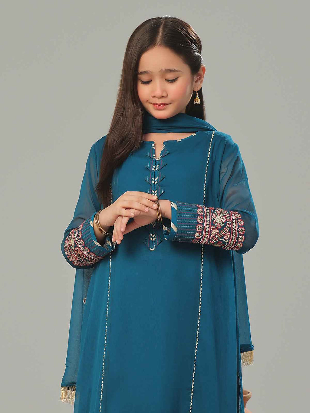 2Pc Embroidered Pret Shirt Trouser Dyed Chiffon Teal - OGE2P-2408026