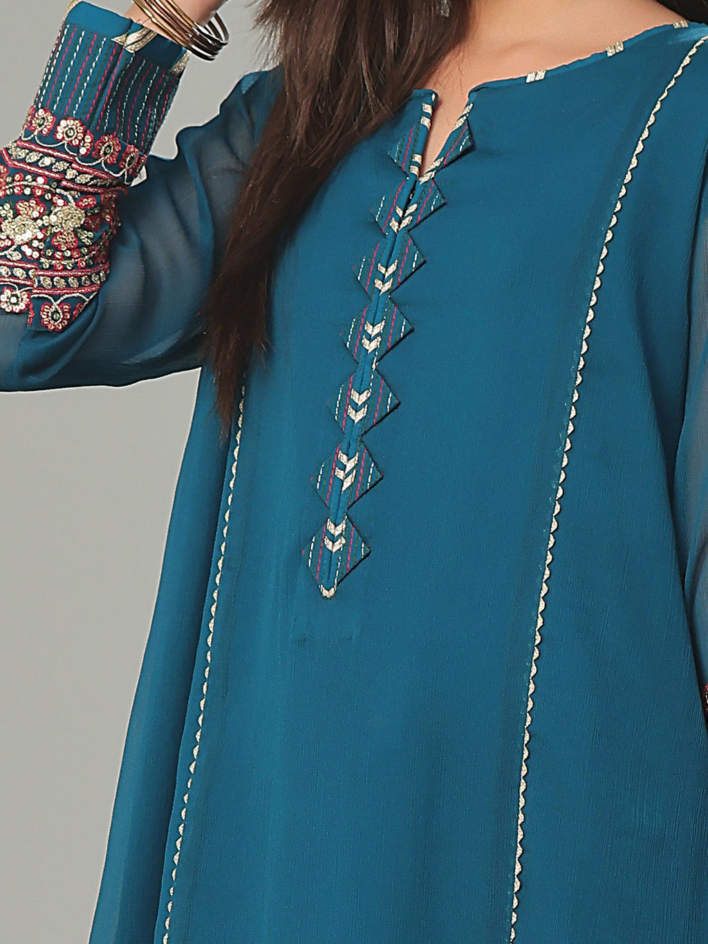 2Pc Embroidered Pret Shirt Trouser Dyed Chiffon Teal - OGE2P-2408026
