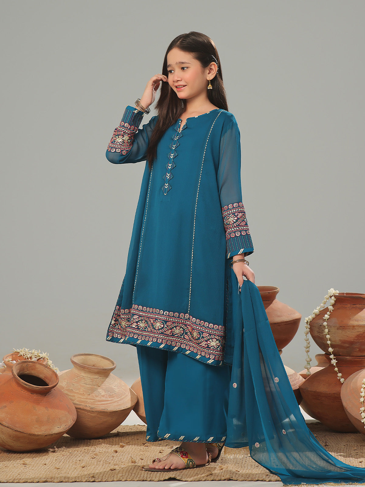 3Pc Embroidered Suit Pret Dyed Chiffon Teal - OGE3P-2408026