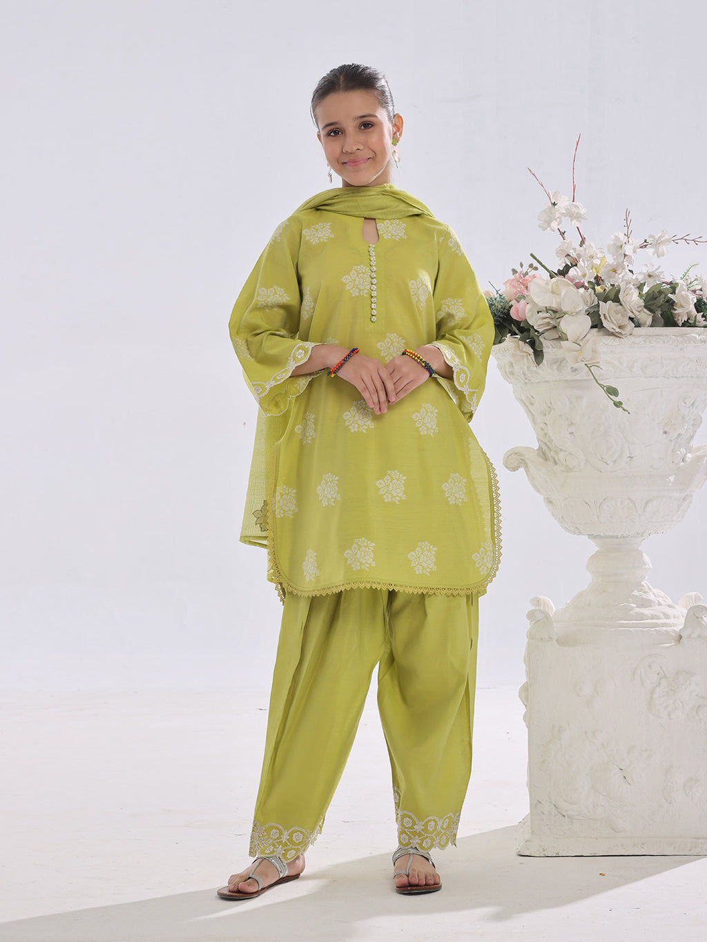 1Pc Embroidered Pret Kurti Cotton Silk Jacquard Lemon - OGEKT-2410017