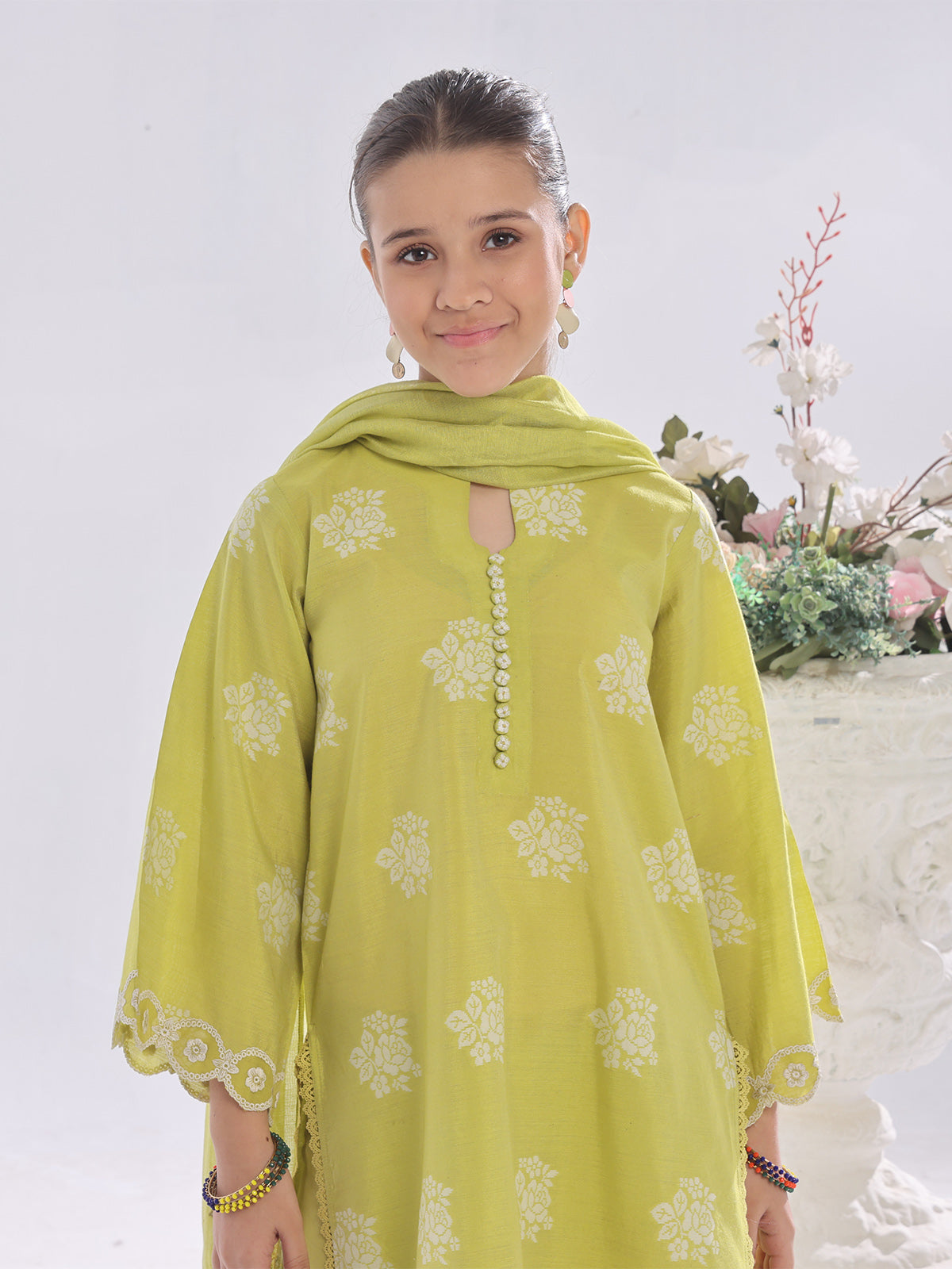 1Pc Embroidered Pret Kurti Cotton Silk Jacquard Lemon - OGEKT-2410017