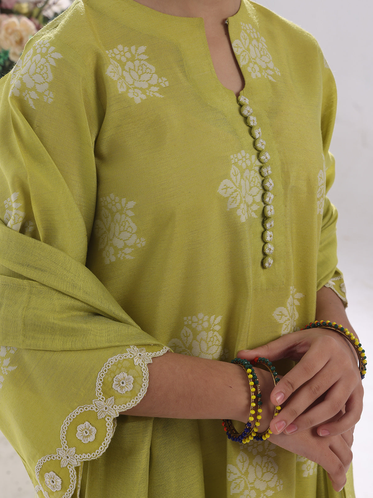 1Pc Embroidered Pret Kurti Cotton Silk Jacquard Lemon - OGEKT-2410017