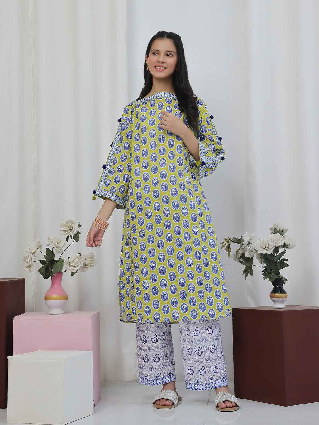2Pc Printed Pret Shirt Trouser Lawn Green & Blue- OG2P-2506006