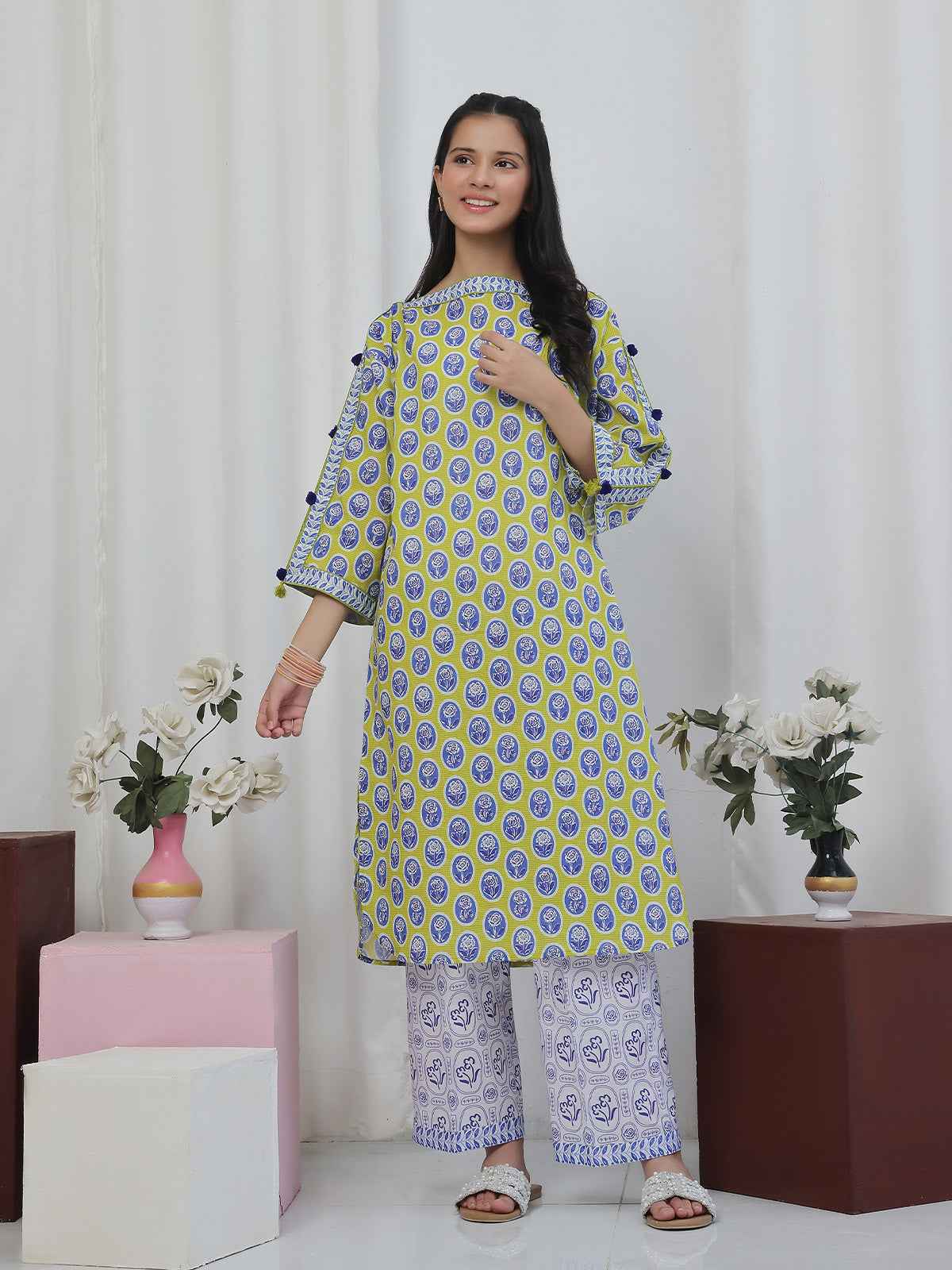 2Pc Printed Pret Shirt Trouser Lawn Green & Blue- OG2P-2506006