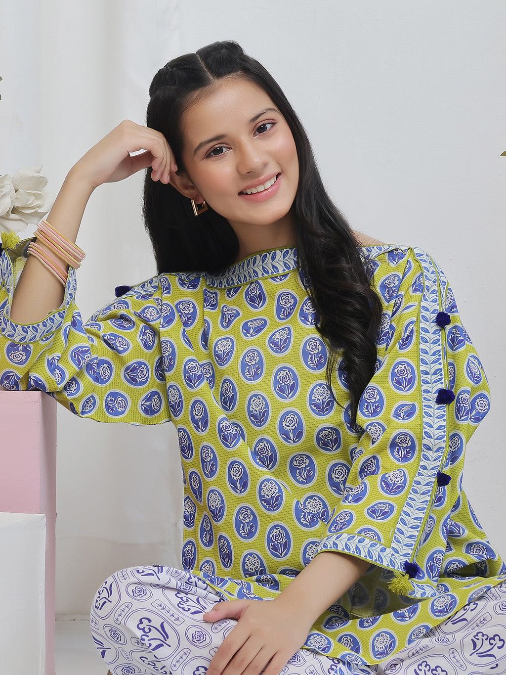 2Pc Printed Pret Shirt Trouser Lawn Green & Blue- OG2P-2506006