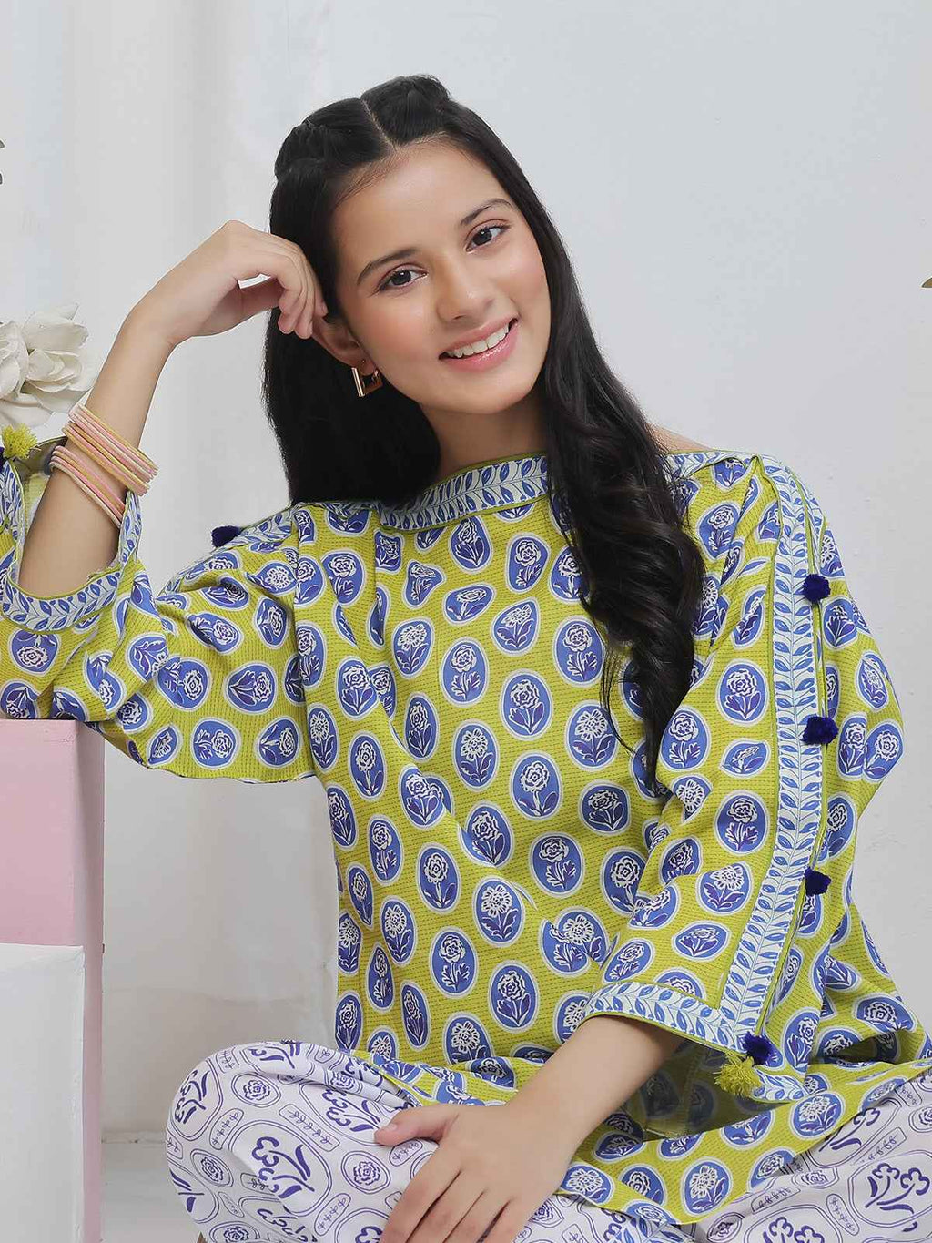 2Pc Printed Pret Shirt Trouser Lawn Green & Blue- OG2P-2506006