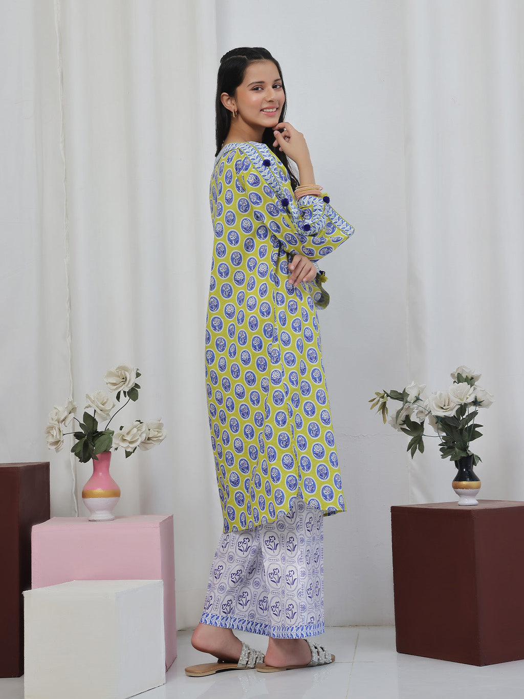 2Pc Printed Pret Shirt Trouser Lawn Green & Blue- OG2P-2506006