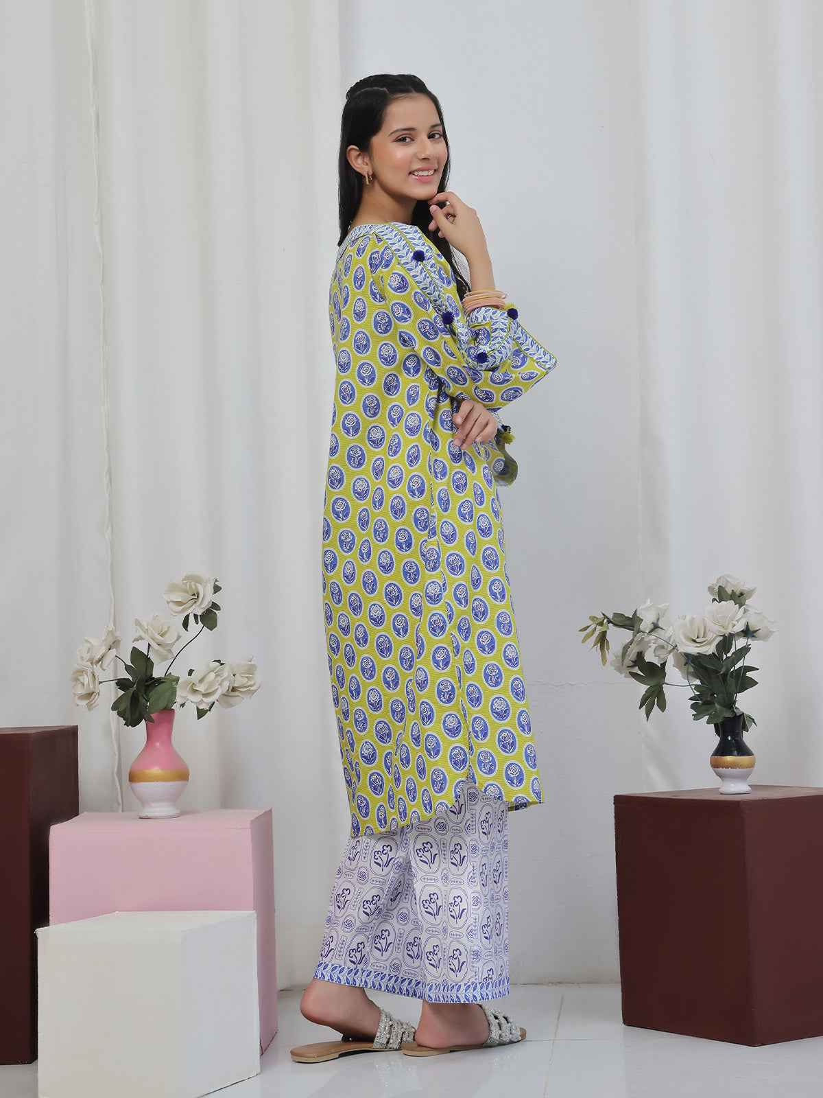 2Pc Printed Pret Shirt Trouser Lawn Green & Blue- OG2P-2506006