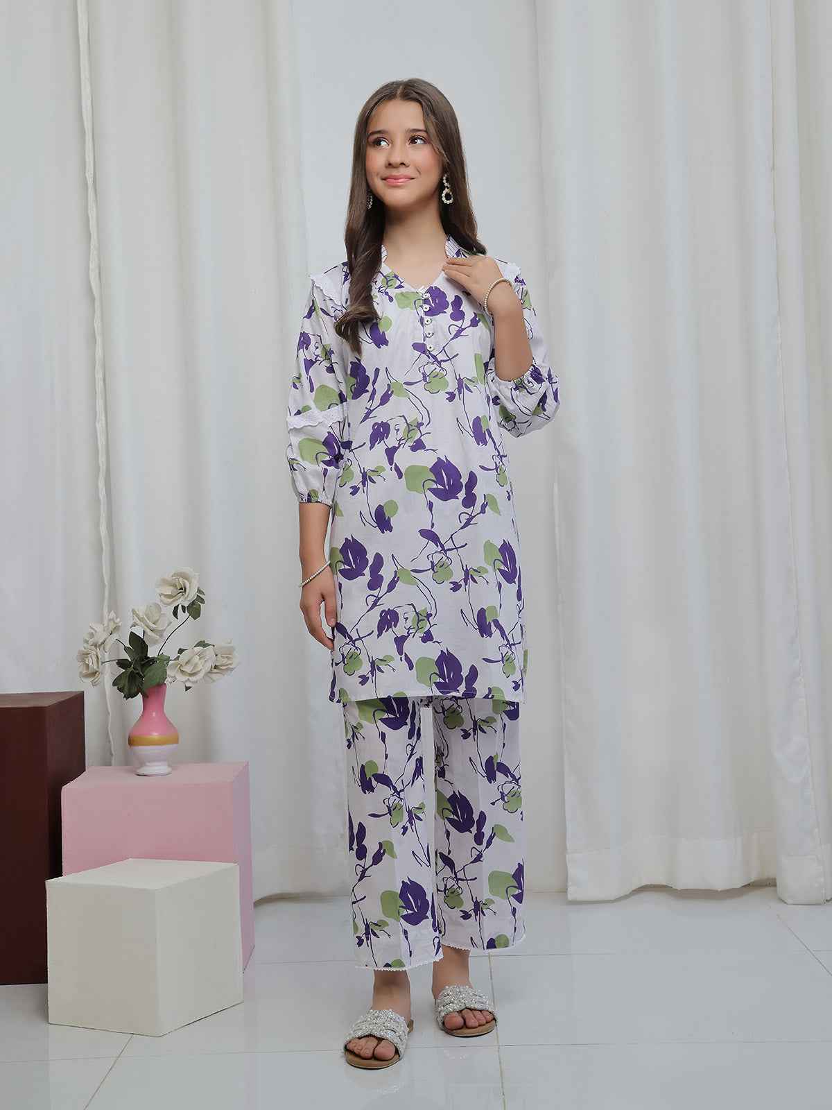 2Pc Printed Pret Shirt Trouser Lawn White & Purple - OG2P-2506011