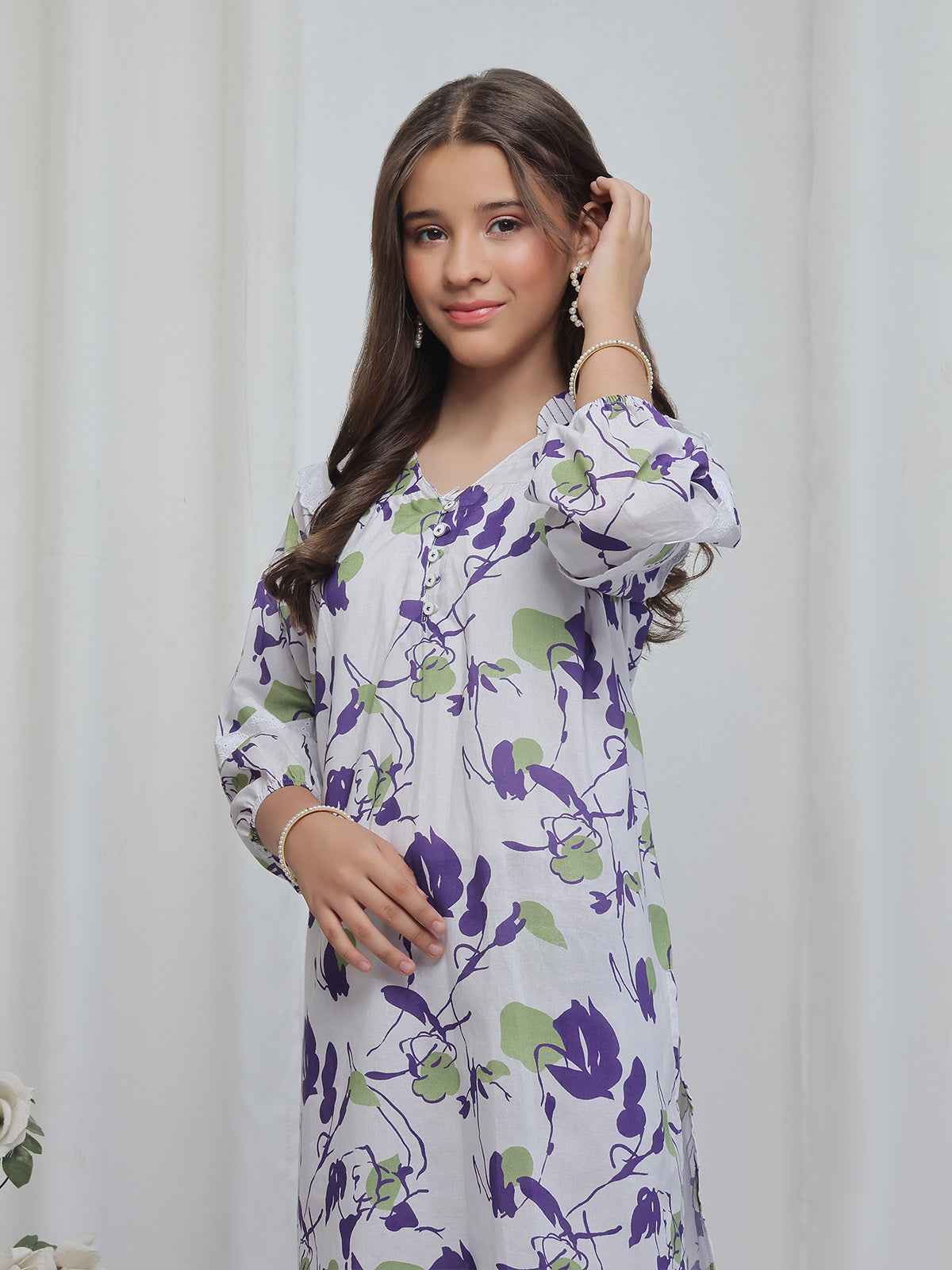 2Pc Printed Pret Shirt Trouser Lawn White & Purple - OG2P-2506011
