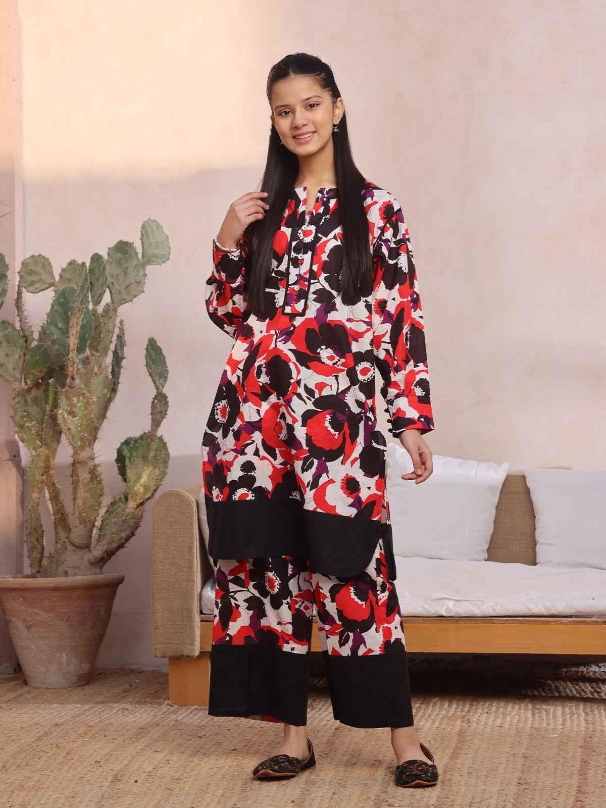 2Pc Printed Pret Shirt Trouser Lawn Red & Black - OG2P-2412006-2