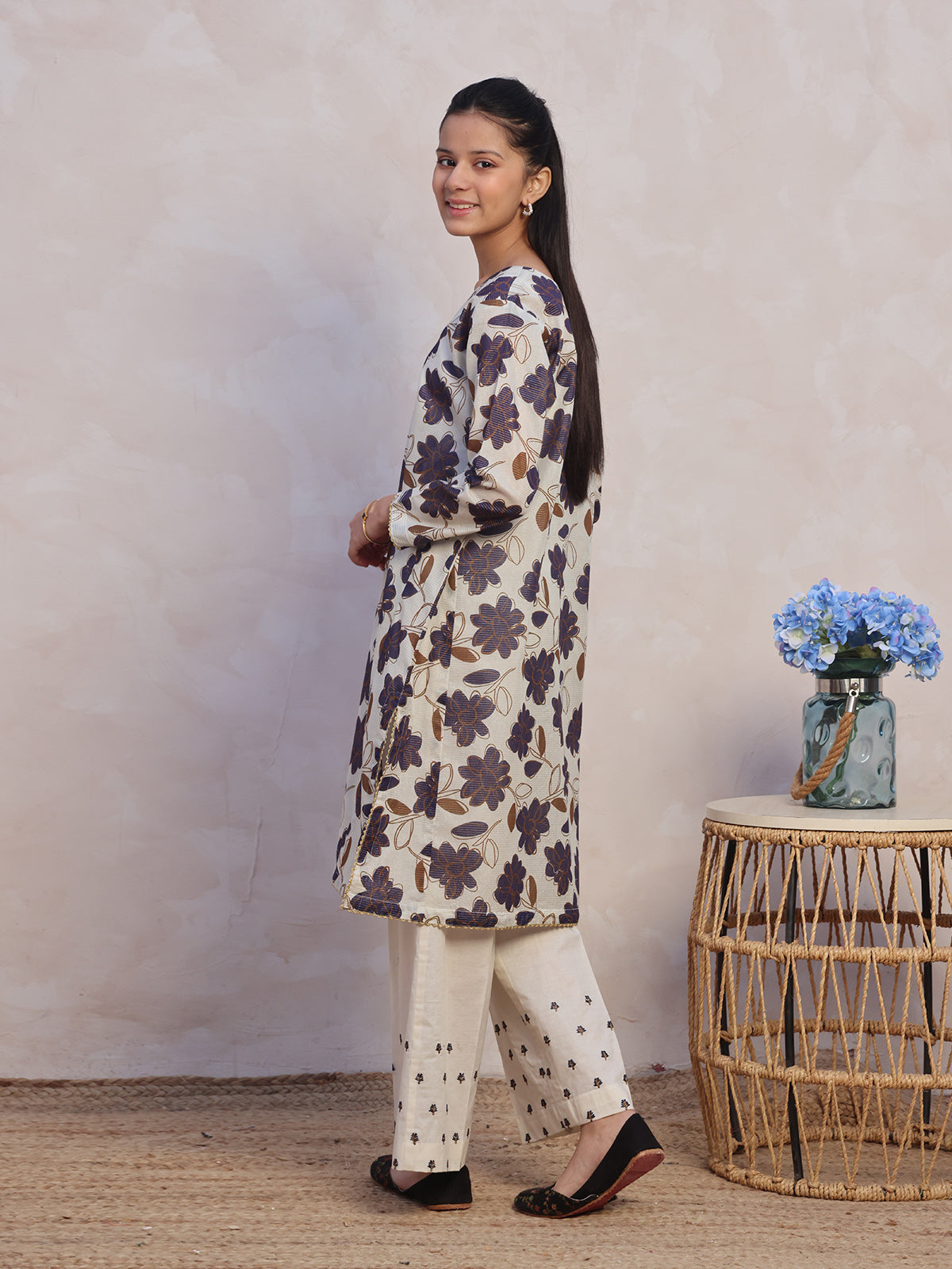 2Pc Embroidered Pret Shirt Trouser Masoori Lawn Beige & Blue - OGE2P-2412065