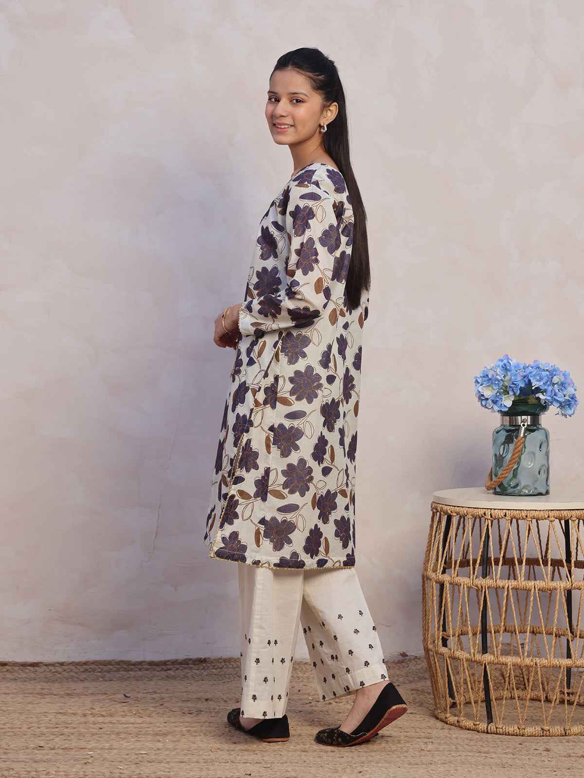 2Pc Embroidered Pret Shirt Trouser Masoori Lawn Beige & Blue - OGE2P-2412065