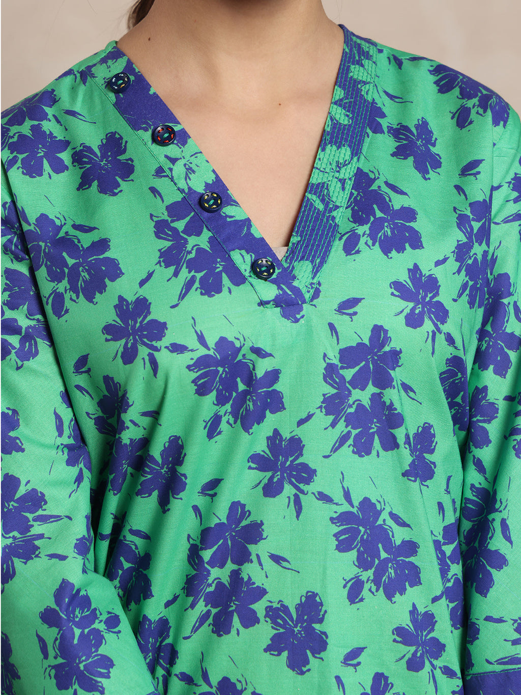 2Pc Printed Pret Shirt Trouser Cambric Green & Blue - OG2P-2412054
