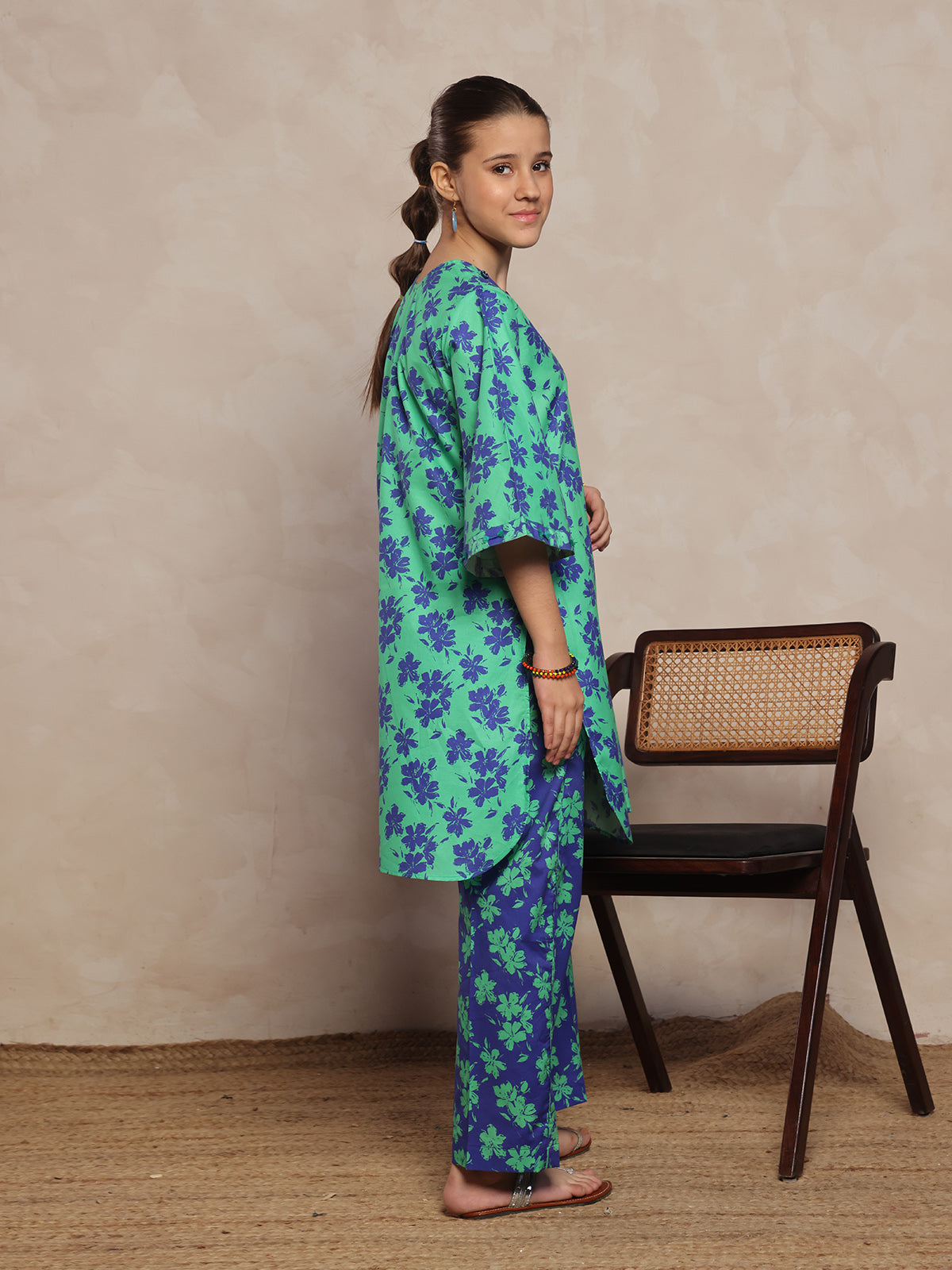 2Pc Printed Pret Shirt Trouser Cambric Green & Blue - OG2P-2412054