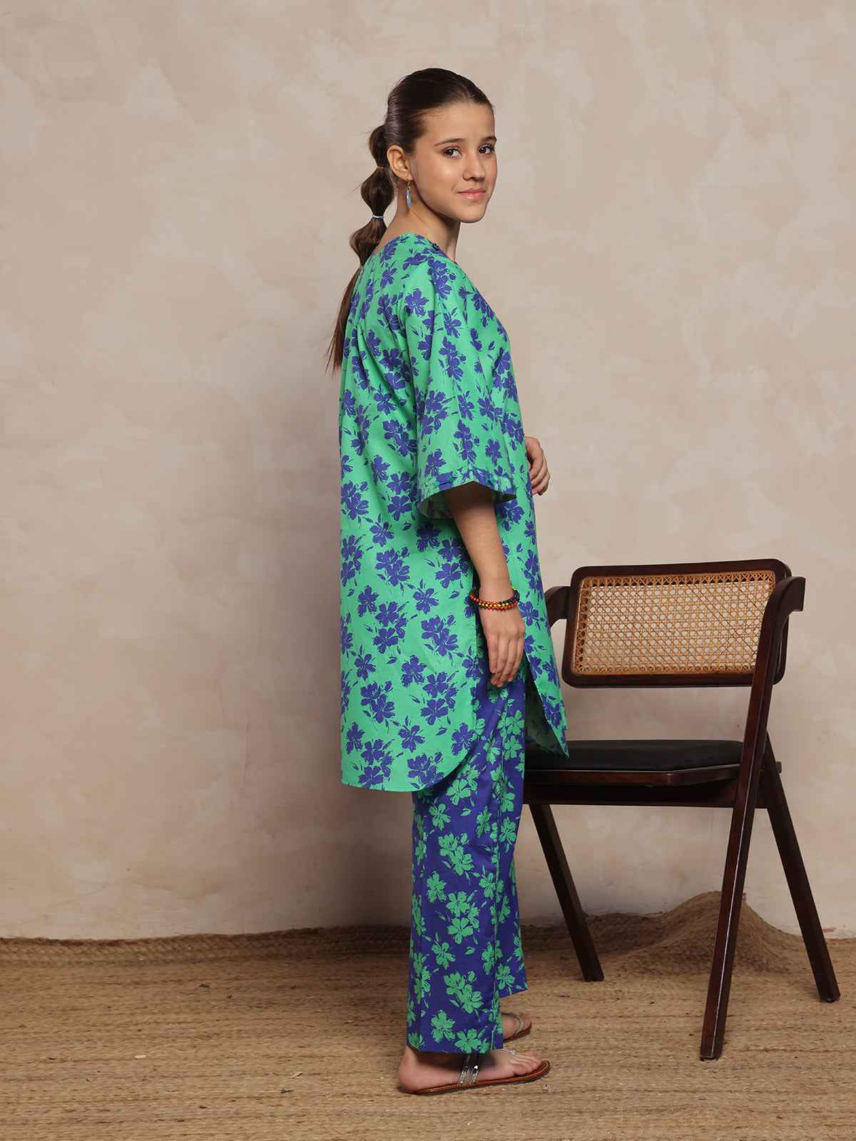 2Pc Printed Pret Shirt Trouser Cambric Green & Blue - OG2P-2412054