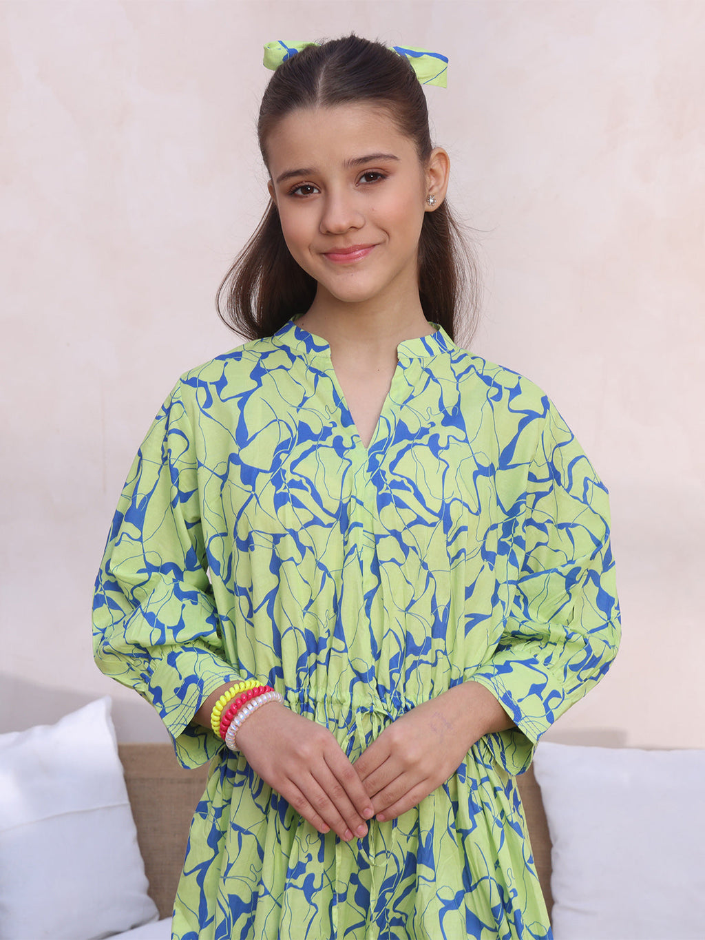 1Pc Printed Pret Kurti Cambric Green & Blue - OGKT-2412062