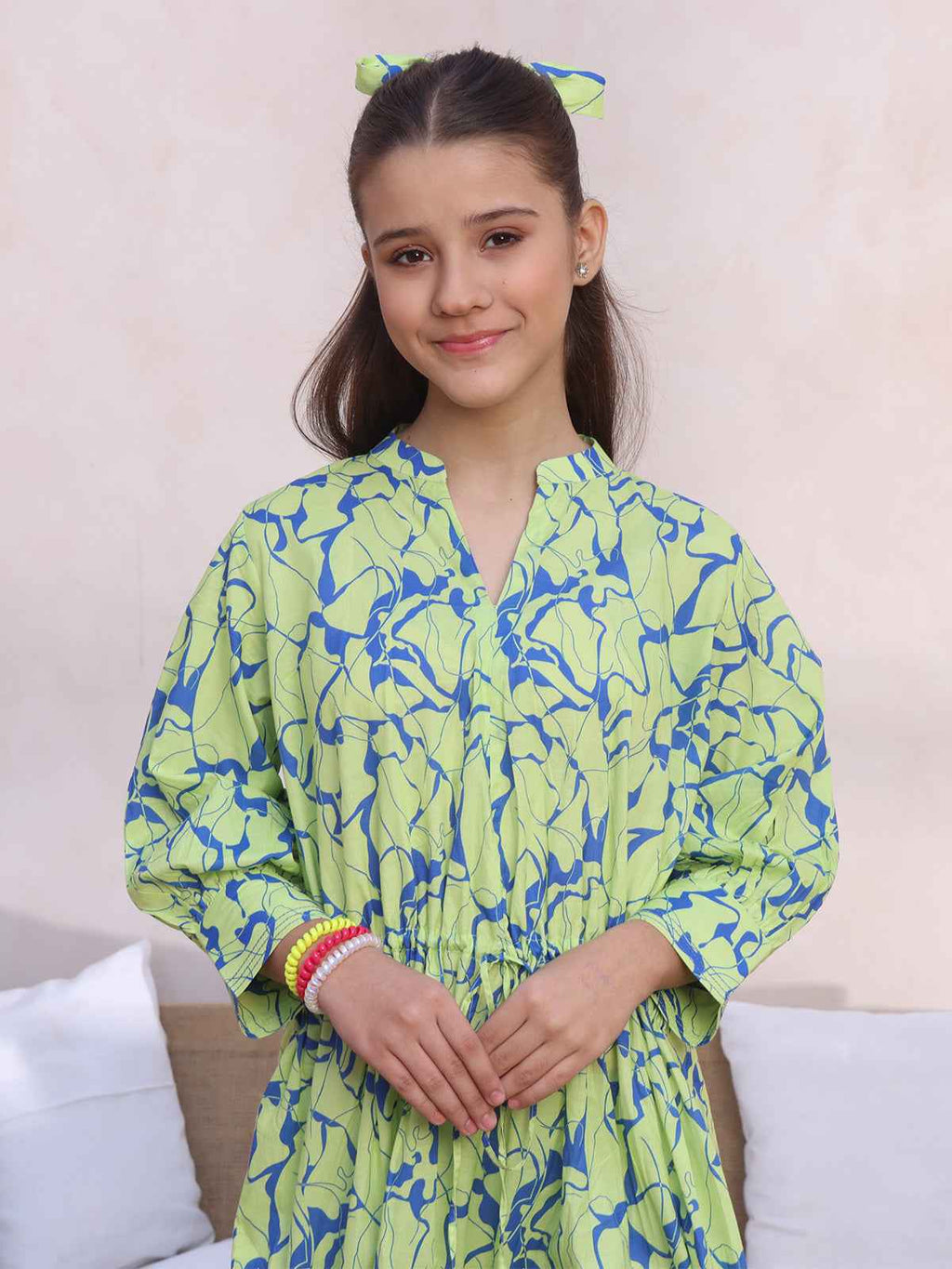 1Pc Printed Pret Kurti Cambric Green & Blue - OGKT-2412062