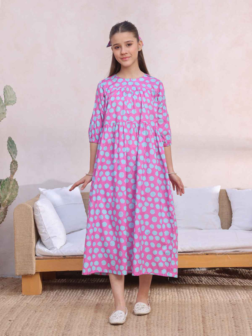 1Pc Printed Pret Kurti Lawn Pink & ferozi - OGKT-2412063