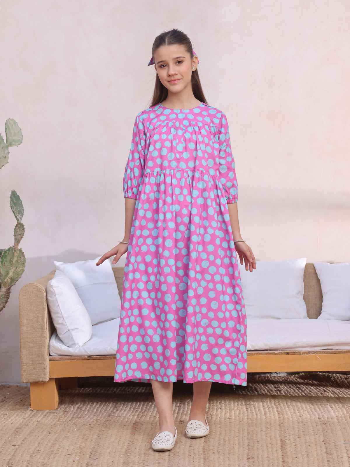 1Pc Printed Pret Kurti Lawn Pink & ferozi - OGKT-2412063