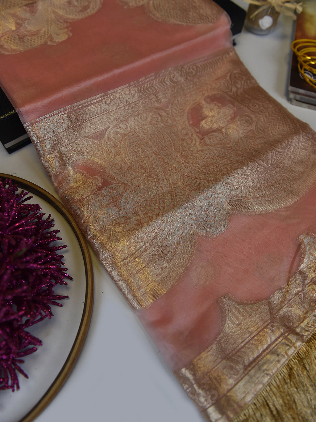 1Pc Formal Pret Dupatta Organza Jacquard Pink - OWDT-2411028